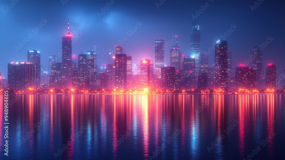 Fototapeta premium Night Cityscape with Neon Lights Reflection