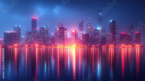 Night Cityscape with Neon Lights Reflection