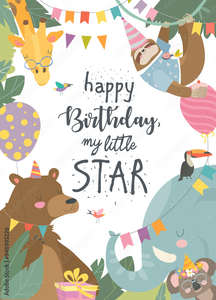 Obraz premium Vector frame with cute animals celebrating Birthday
