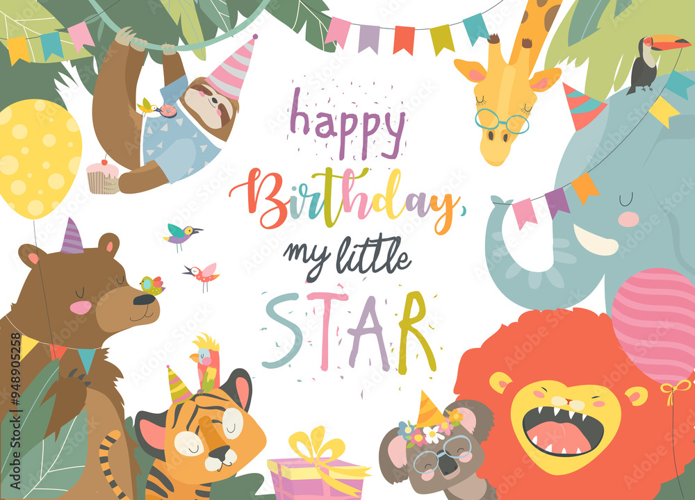 Obraz premium Vector frame with cute animals celebrating Birthday