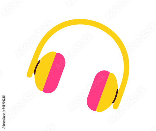 Headphones concept. Pink and yellow earphones. Device for listening to music and songs. Beautiful icon or sticker. Flat vector illustration isolated on white background