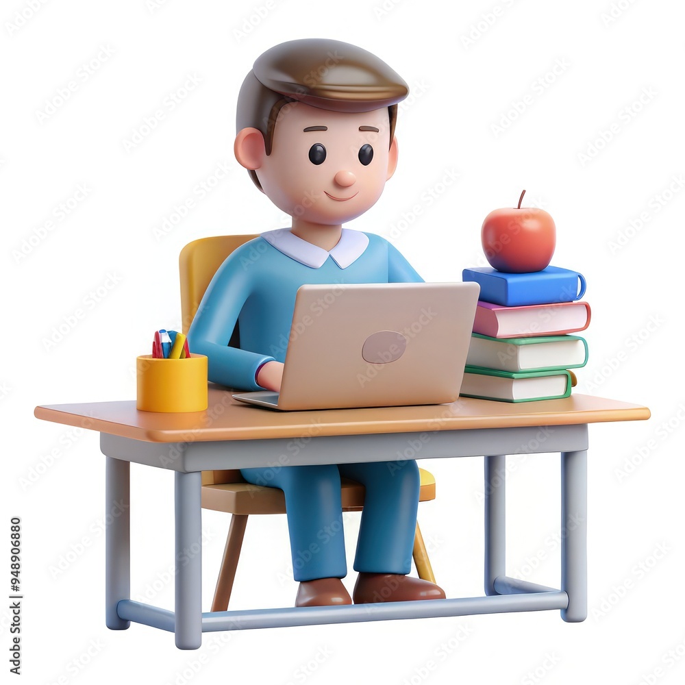 Student engaged in online learning at a desk with books and apple. Generative AI Student engaged in online learning at a desk with books and apple. Generative AI