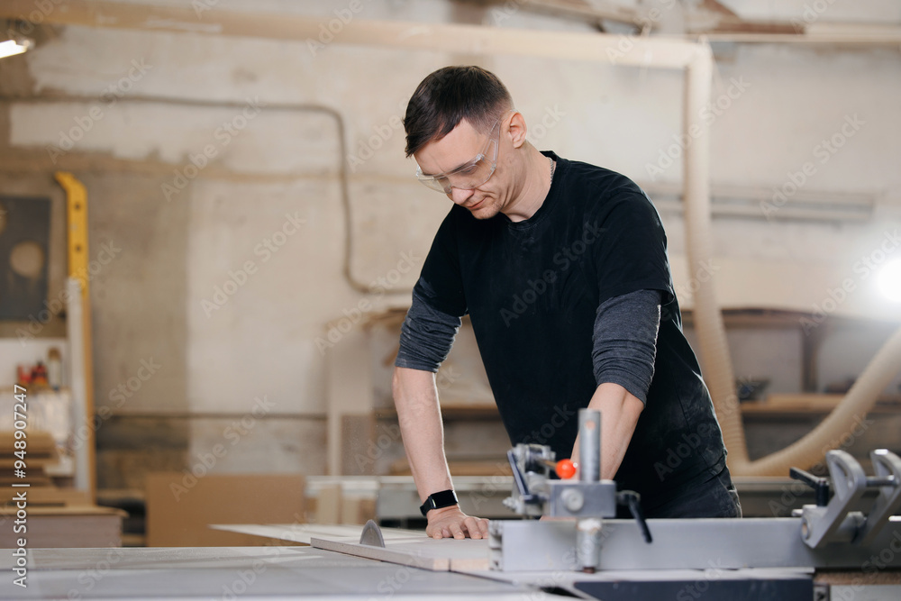 Man working on wood cut table with electric circular saw for chipboard for furniture production. Professional carpenter cutting wooden board at sawmill Man working on wood cut table with electric circular saw for chipboard for furniture production. Professional carpenter cutting wooden board at sawmill