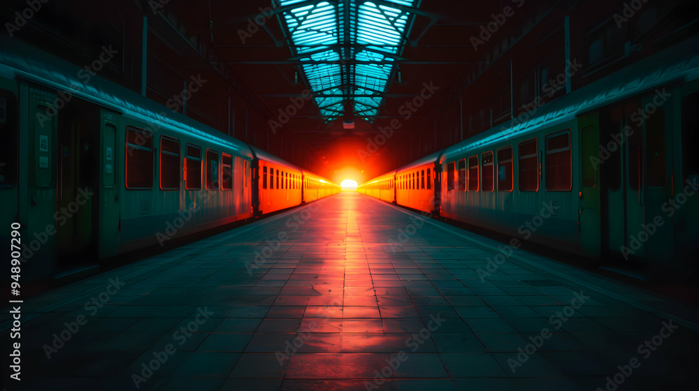 Obraz premium Train Station With Two Trains Parked Inside