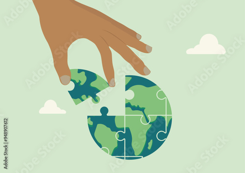 hand fitting a puzzle piece shaped like Earth into a puzzle, symbolizing global unity and cooperation for a sustainable future