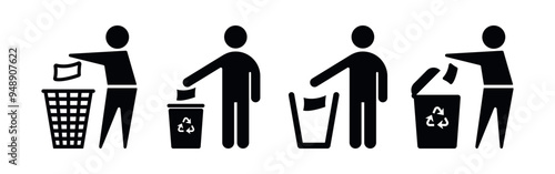 General Waste, Recycling Vector Flat Icon Set on White Background. Throw Garbage Signs, Keep Clean and Man Throws Trash Symbols.