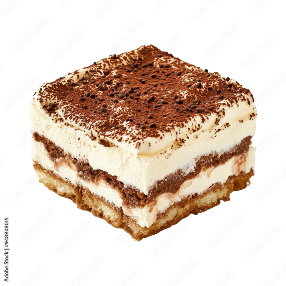 Delicious tiramisu dessert slice with cocoa powder and creamy layers Delicious tiramisu dessert slice with cocoa powder and creamy layers