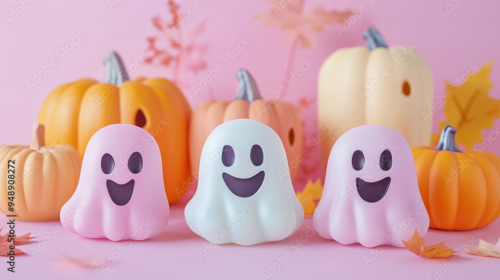 Fototapeta premium Friendly ghosts and pastel pumpkins for Halloween 