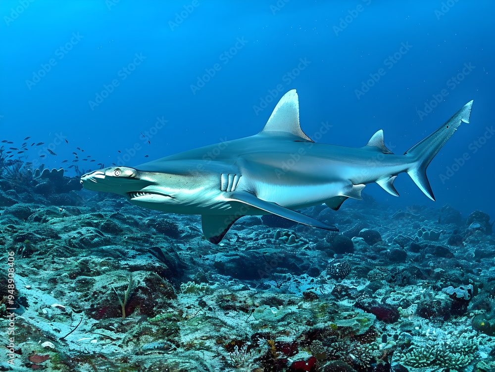 Obraz premium Hammerhead shark swimming alone in the vast ocean depths, a majestic and powerful predator lurking.