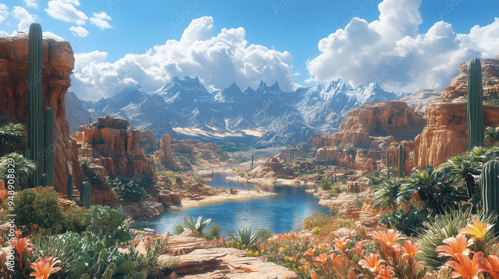 Fototapeta premium A vibrant desert landscape with mountains, lush greenery, and a tranquil lake under a bright blue sky