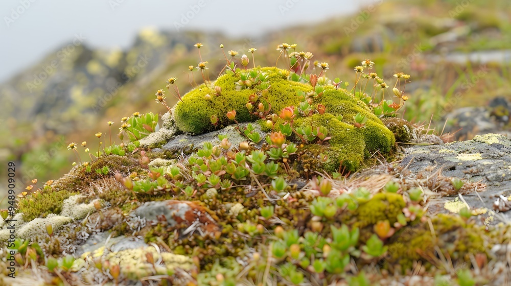 Closeup of Green Moss and Small Flowers on Rocky Mountain Closeup of Green Moss and Small Flowers on Rocky Mountain