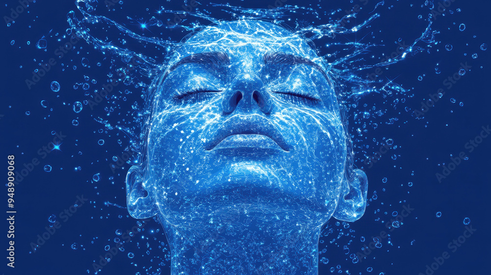 A serene woman submerged underwater with water droplets glistening around her face in a tranquil setting A serene woman submerged underwater with water droplets glistening around her face in a tranquil setting