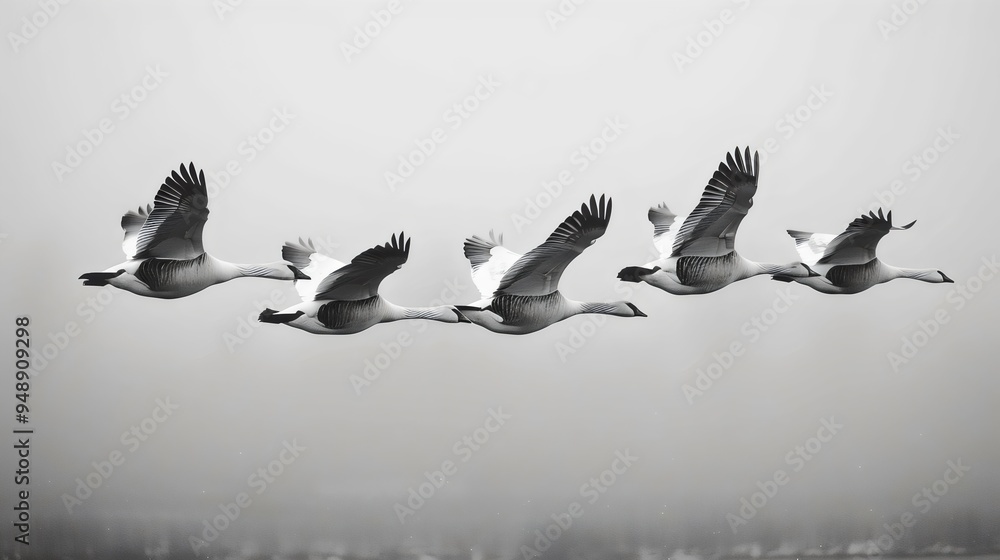 Obraz premium A flock of geese flying in a line
