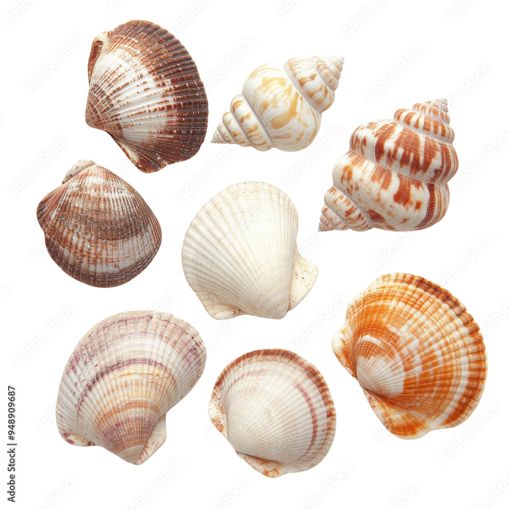 Variety of colorful seashells arranged in a circle on a white background Variety of colorful seashells arranged in a circle on a white background