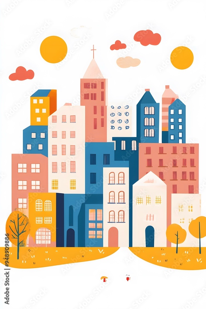 Colorful Cityscape Illustration with Cartoon People Colorful Cityscape Illustration with Cartoon People