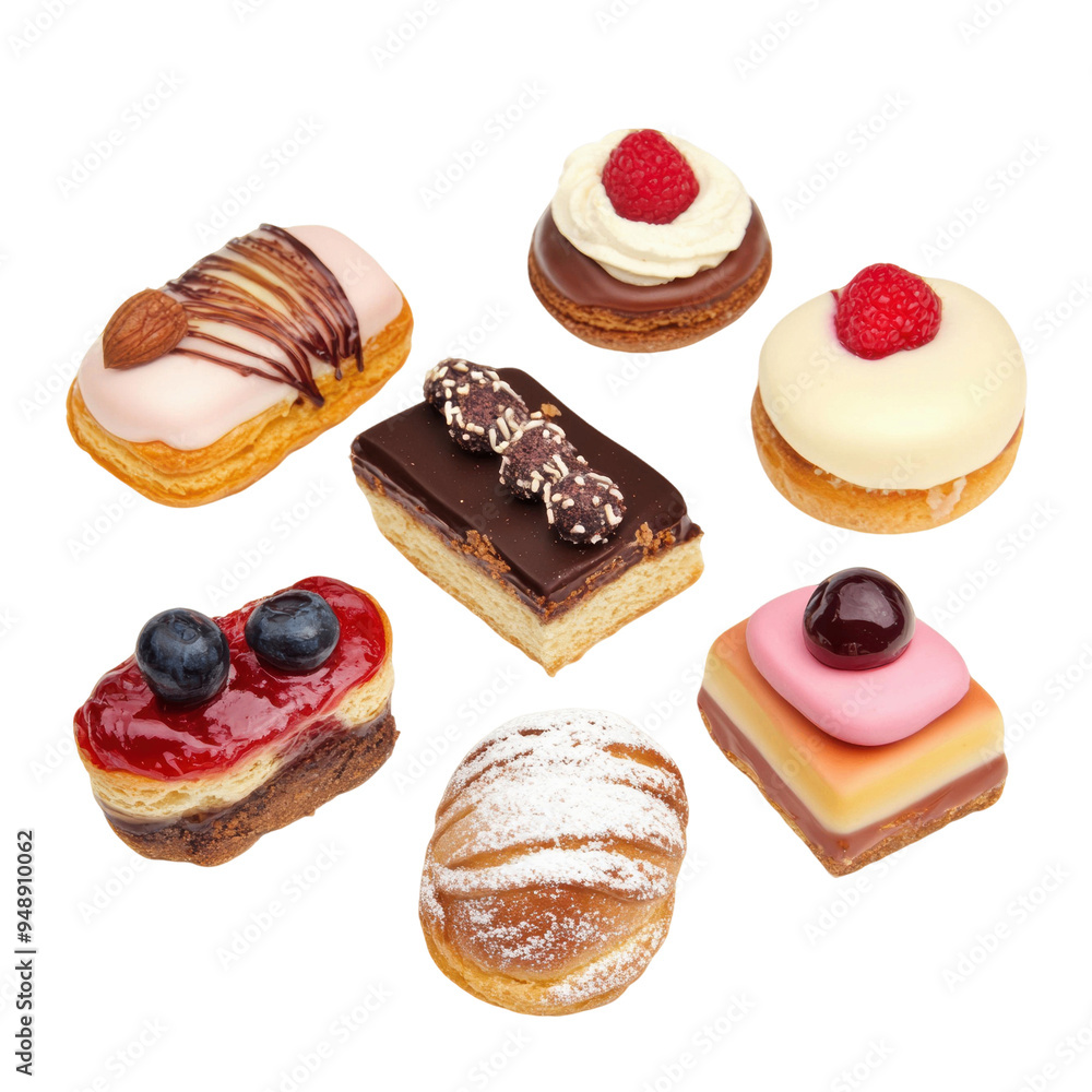 Assorted delicious mini desserts with various toppings and flavors on a white background Assorted delicious mini desserts with various toppings and flavors on a white background