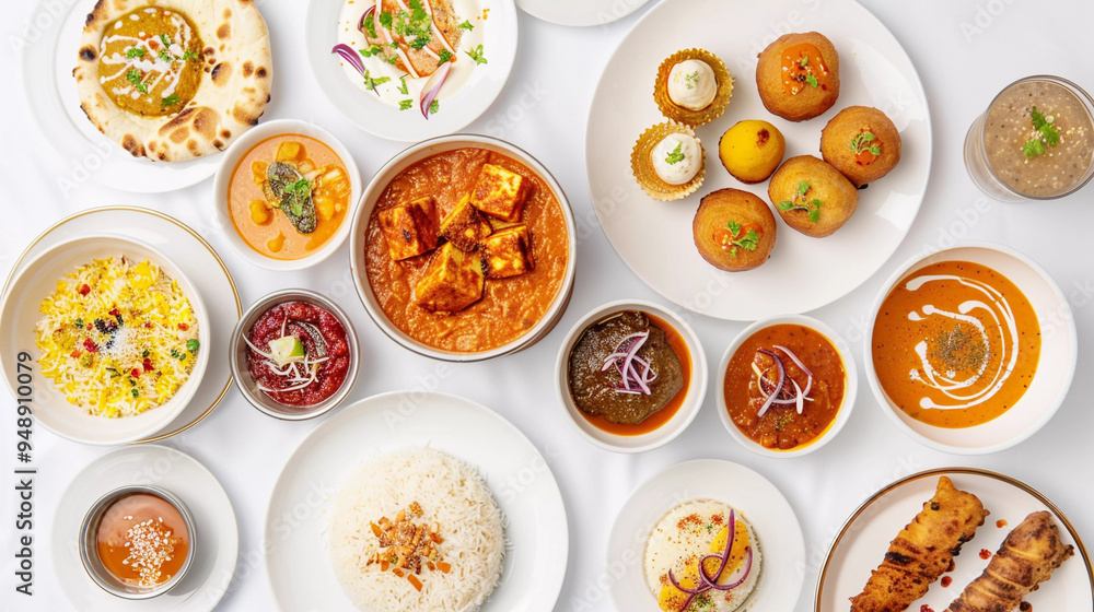 Top view of indian food like shahi paneer dal roti rice with indian sweets Top view of indian food like shahi paneer dal roti rice with indian sweets