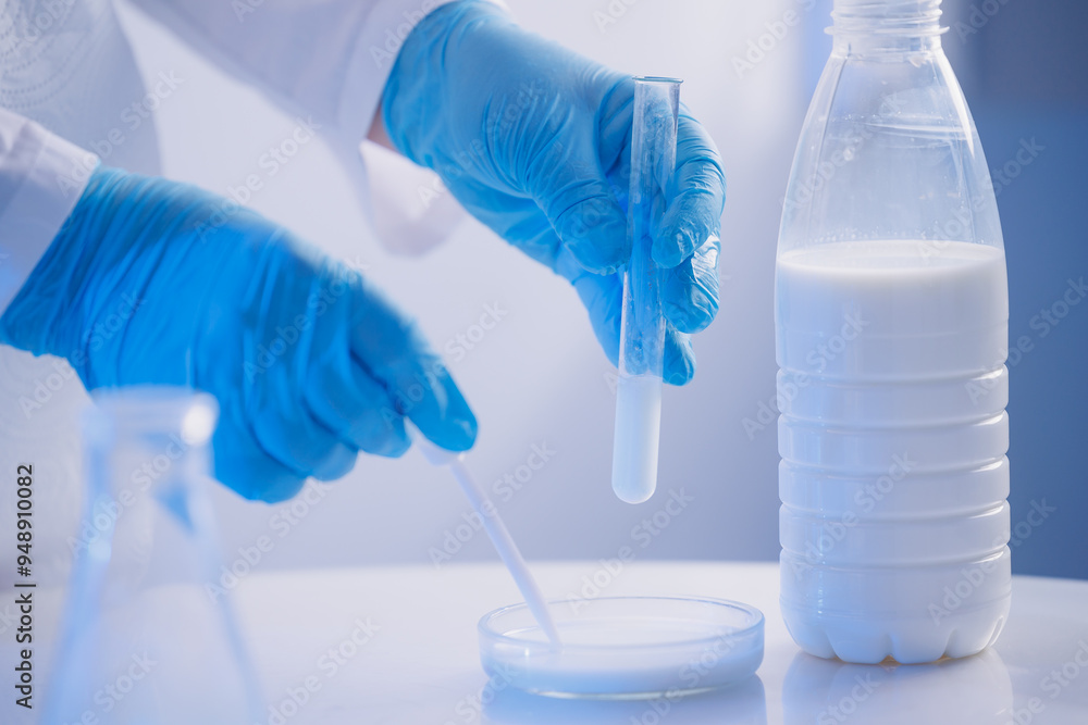 Fototapeta premium Quality control test of milk in laboratory. Dairy factory industry products