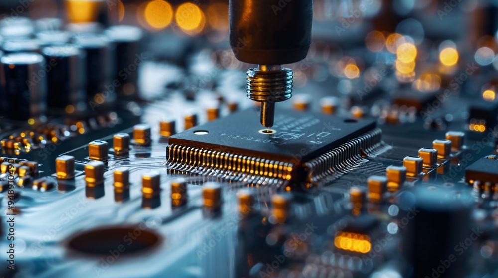 Close-up of microchip on circuit board in electronics manufacturing Close-up of microchip on circuit board in electronics manufacturing