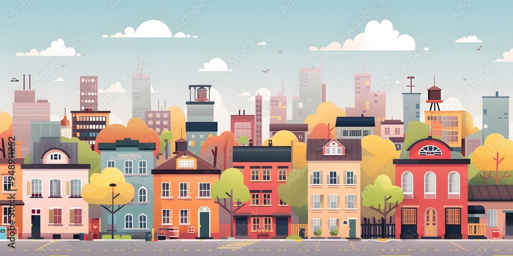 Autumn Cityscape Illustration with Buildings and Trees Autumn Cityscape Illustration with Buildings and Trees