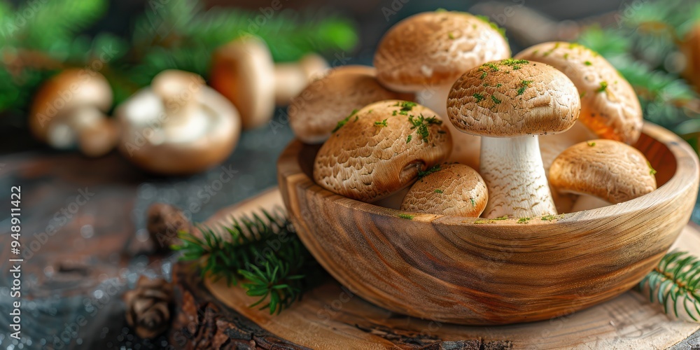 Fresh, organic mushrooms in a rustic wooden bowl with evergreen branches, perfect for natural cooking. Free copy space for text. Fresh, organic mushrooms in a rustic wooden bowl with evergreen branches, perfect for natural cooking. Free copy space for text.