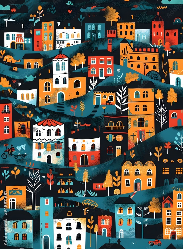 Colorful Illustration of a Town with Houses and Trees Colorful Illustration of a Town with Houses and Trees