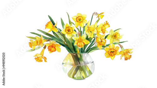 Yellow daffodils flowers standing in a transparent vase on transparent background