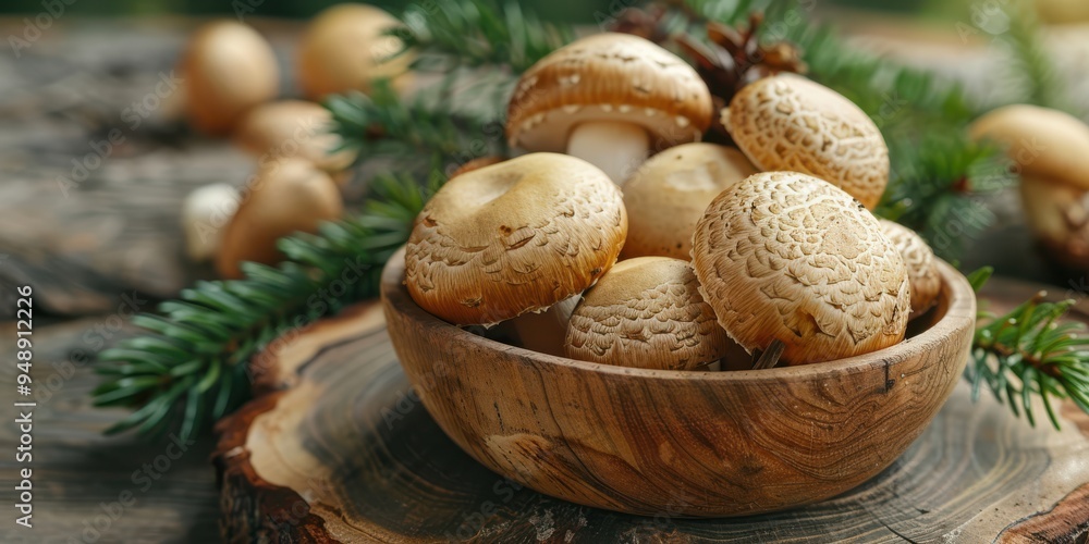 Fresh, organic mushrooms in a rustic wooden bowl with evergreen branches, perfect for natural cooking. Free copy space for text. Fresh, organic mushrooms in a rustic wooden bowl with evergreen branches, perfect for natural cooking. Free copy space for text.