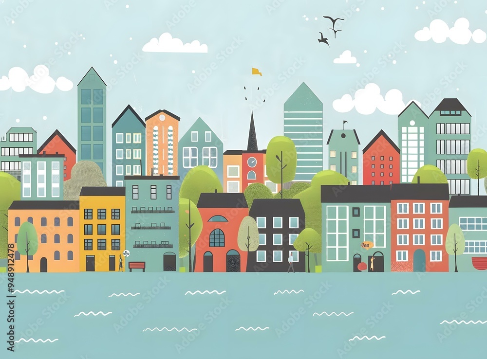 Cartoon Cityscape With Colorful Buildings Cartoon Cityscape With Colorful Buildings