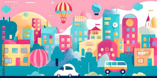 Colorful Cityscape Illustration With Hot Air Balloons