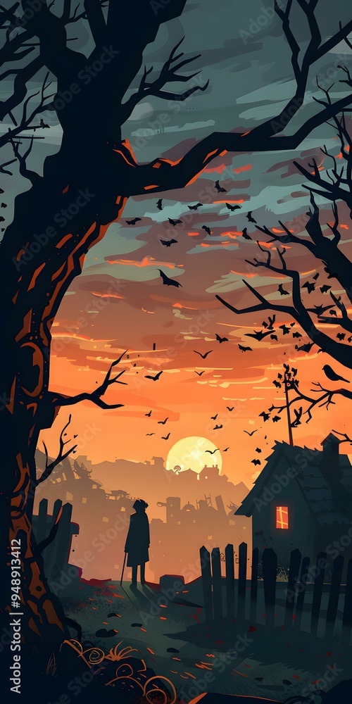 Silhouette of a Person Standing in Front of a House in a Forest at Sunset Silhouette of a Person Standing in Front of a House in a Forest at Sunset