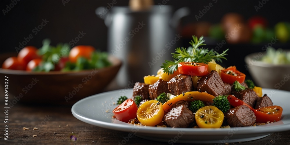 Savory beef stir-fry with bell peppers fresh herbs. Savory beef stir-fry with bell peppers fresh herbs.