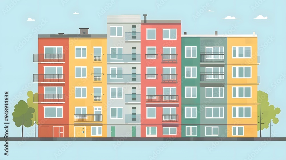 Colorful Apartment Buildings Illustration with Balconies Colorful Apartment Buildings Illustration with Balconies