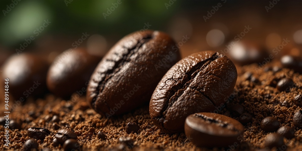 Close-up of coffee beans on ground coffee. Close-up of coffee beans on ground coffee.