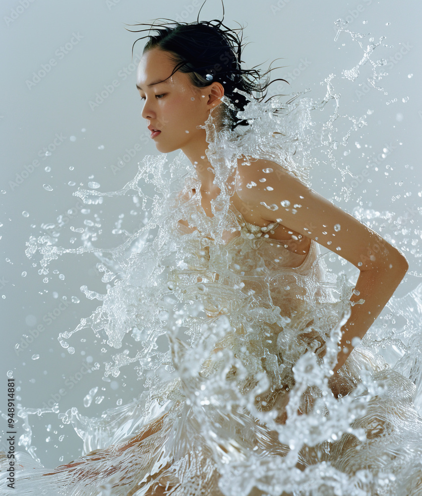 Obraz premium Beautiful woman wearing a dress made of water splashes