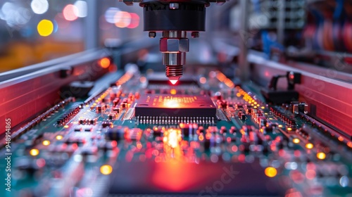 microchip on circuit board in electronics manufacturing photo