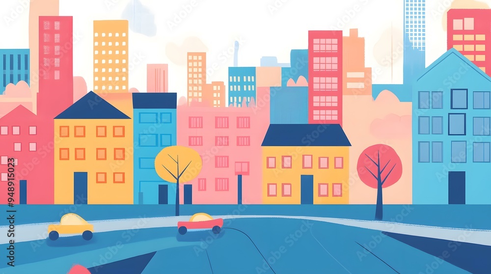 Colorful Cityscape Illustration With Buildings And Cars Colorful Cityscape Illustration With Buildings And Cars