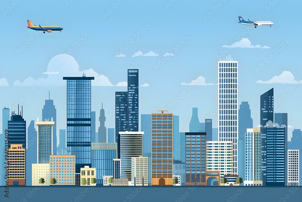 Naklejka premium Modern City Skyline Illustration With Two Planes Flying Over
