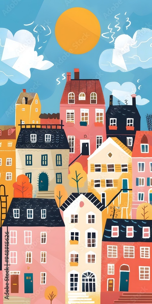 Colorful Illustration of Houses and Sun Colorful Illustration of Houses and Sun