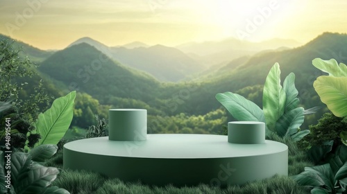  Cylinder Podium on Green Nature Landscape Background, Ideal for Earth Day or World Environment Day Banner Template photo