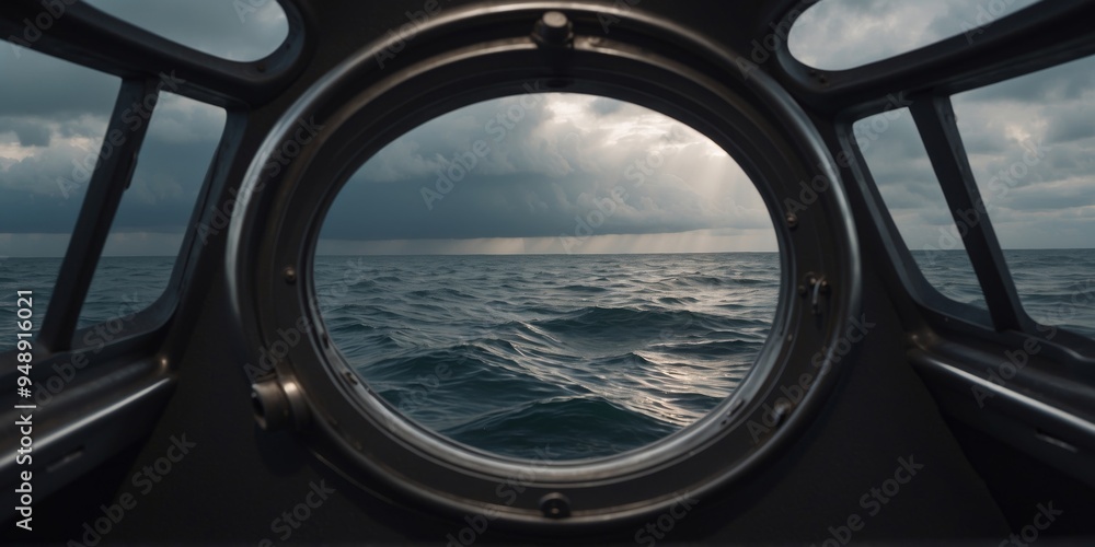 Ocean view through a submarine porthole with stormy skies. Ocean view through a submarine porthole with stormy skies.