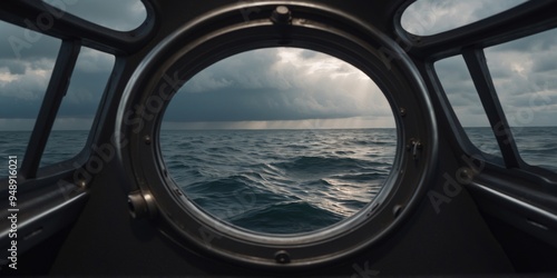 Ocean view through a submarine porthole with stormy skies.