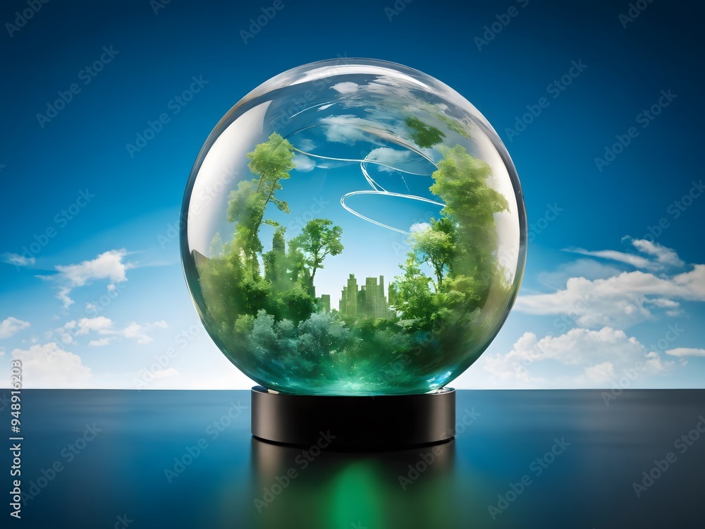 A beautiful glass globe captures a vibrant green landscape with trees and buildings under a bright blue sky A beautiful glass globe captures a vibrant green landscape with trees and buildings under a bright blue sky