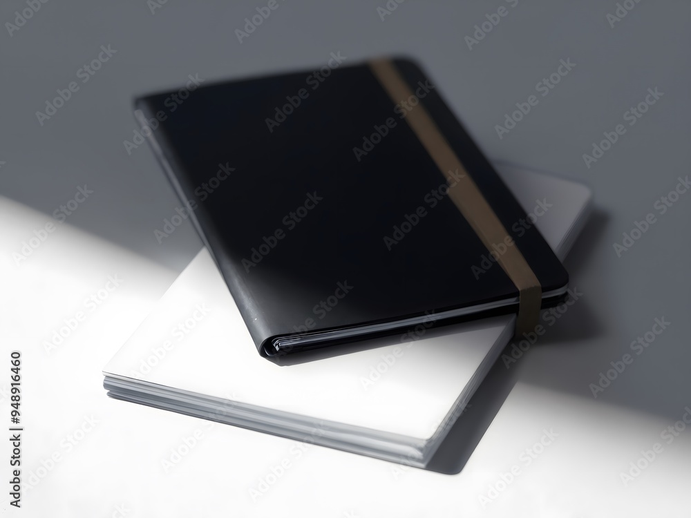 A sleek black notebook rests on top of a blank white pad under soft sunlight A sleek black notebook rests on top of a blank white pad under soft sunlight