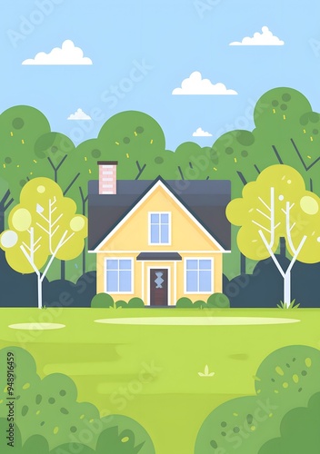 Yellow House in Green Trees
