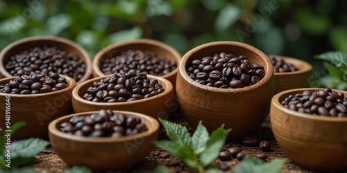 Freshly harvested organic coffee beans in wooden bowls among green foliage.