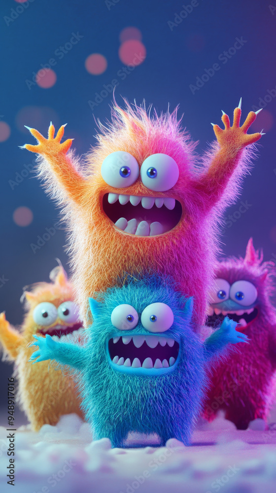 Obraz premium Playful and colorful furry monsters in 3D 