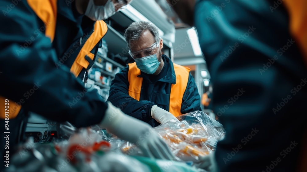 Emergency staff in protective uniforms and gloves handle medical supplies inside an emergency vehicle, meticulously organizing and preparing for critical tasks. Emergency staff in protective uniforms and gloves handle medical supplies inside an emergency vehicle, meticulously organizing and preparing for critical tasks.