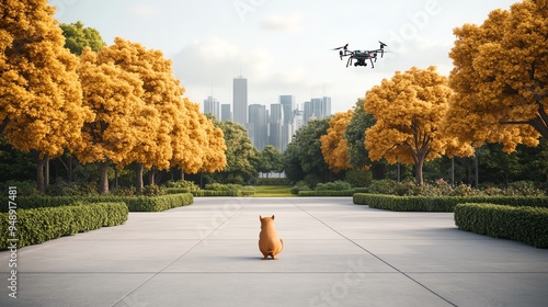 Dog watches drone fly over city park in autumn. photo