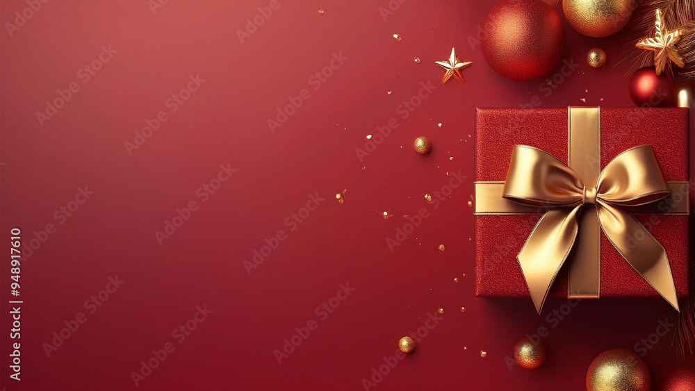 Um pequeno gift box, vermelho com laço dourado fundo vermelho com pequenos enfeites natalinos flutuando. Espaço para escrita .Render 3. Cartão de natal, natalino. Um pequeno gift box, vermelho com laço dourado fundo vermelho com pequenos enfeites natalinos flutuando. Espaço para escrita .Render 3. Cartão de natal, natalino.